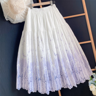 2026春夏新款 90cm定制超长裙白底紫色刺绣半身裙女大摆a字裙气质