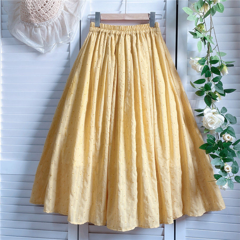 自制剪花提花半身裙女春夏季压褶大摆薄中长款舒适棉软纯色伞裙子