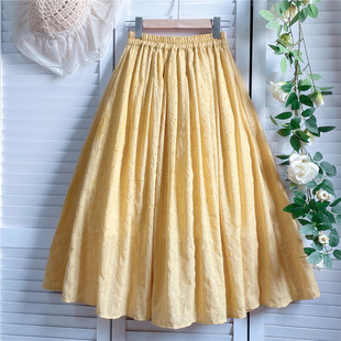 自制剪花提花半身裙女春夏季压褶大摆薄中长款舒适棉软纯色伞裙子