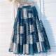 2026棉麻碎花半身裙女早春夏季 a字大摆裙 高腰拼接格子撞色中长款