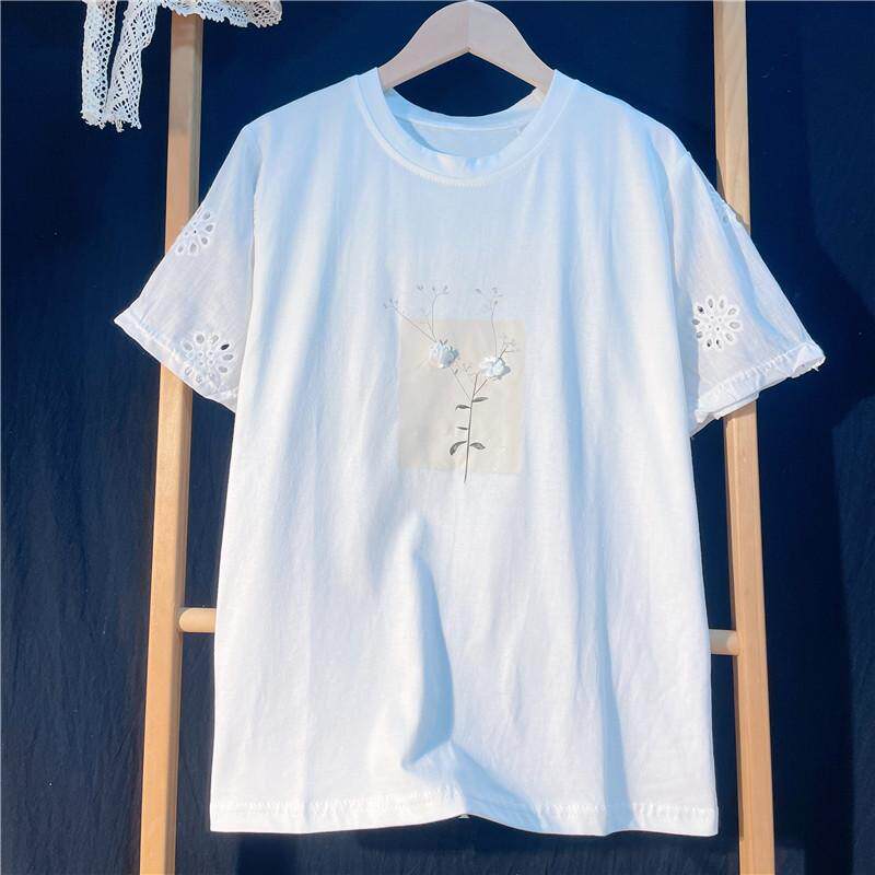 2026新款花朵印花刺绣短袖T恤女宽松学生纯棉文艺上衣小衫春夏季