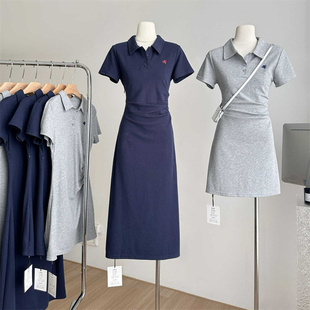 纯棉POLO领短袖T恤连衣裙女夏季新款收腰修身显瘦刺绣中长款裙子