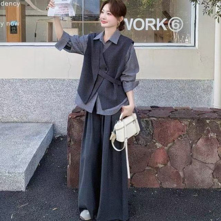 春秋季薄款韩版气质三件套女马甲条纹衬衫时尚洋气休闲阔腿裤套装