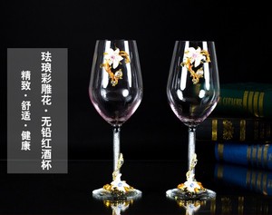 装饰奢华珐琅彩带花水晶玻璃红酒杯高脚杯 精美酒杯礼品家用套装