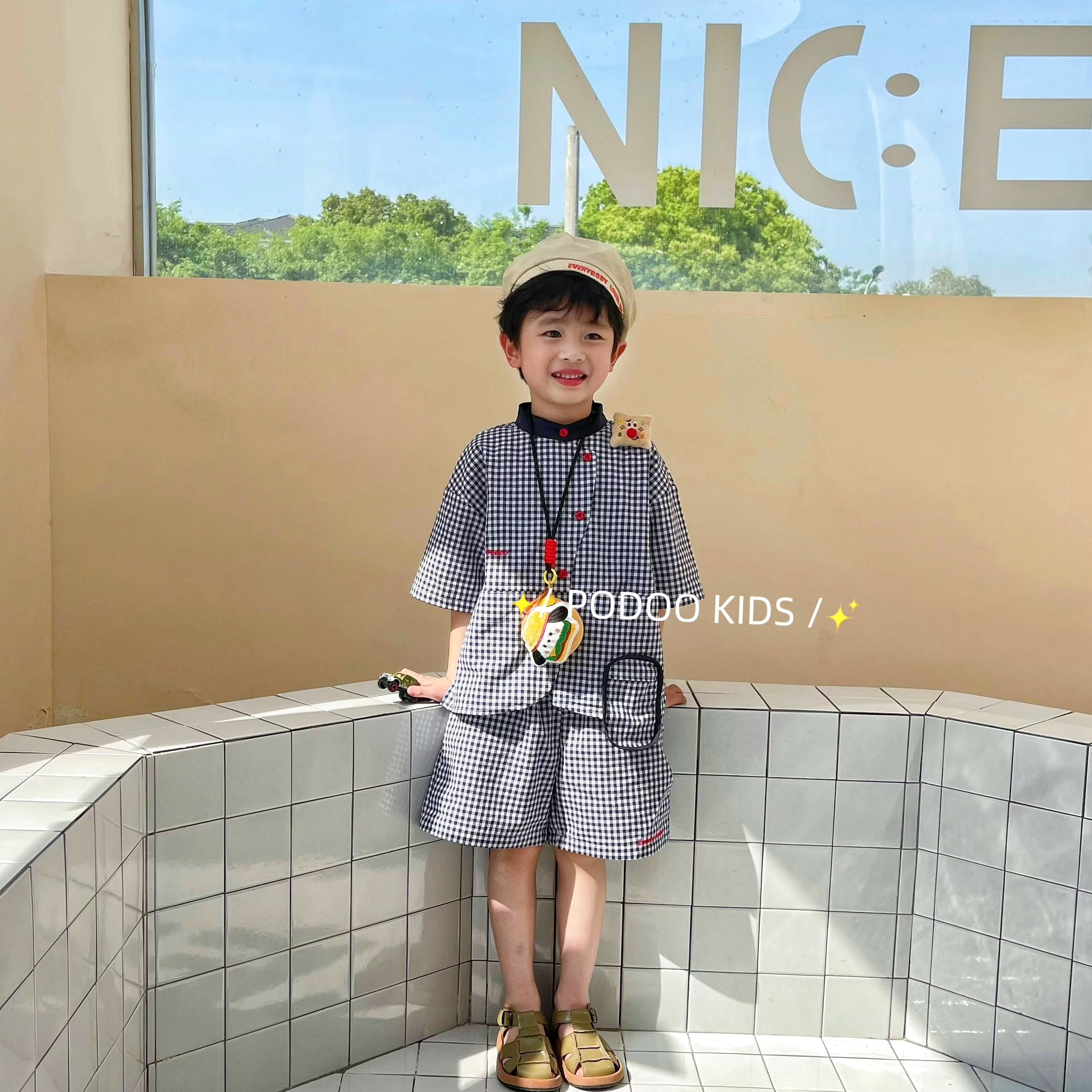 蓝白格子套装夏季韩版童装