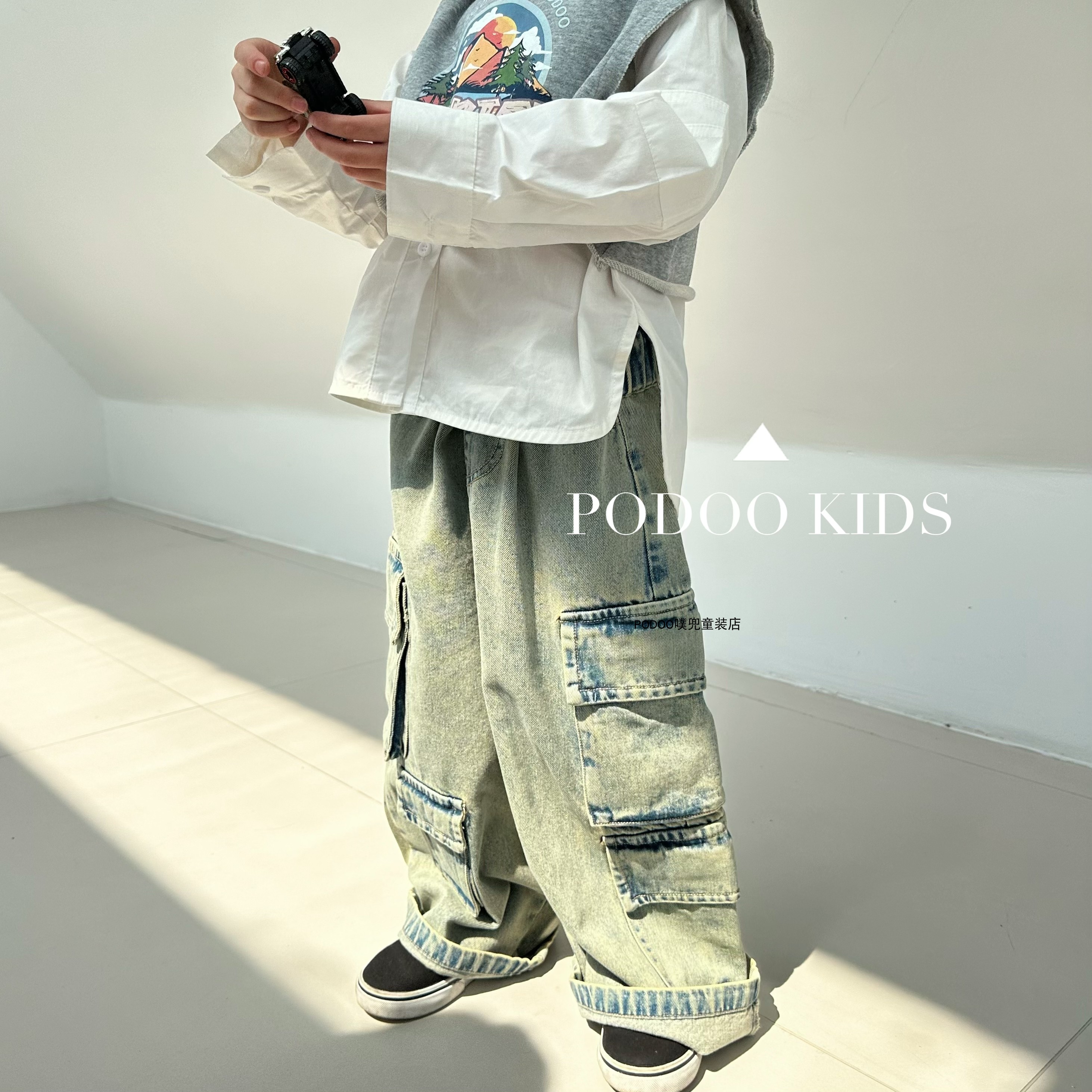 【复古工装直筒牛仔裤】高街儿童春夏复古阔腿宽松百搭工装牛仔裤