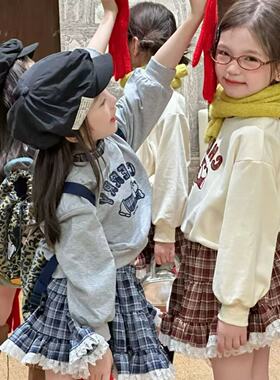 2026春秋儿童装女童套装字母学院风长袖卫衣加蕾丝边格子裙两件套