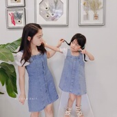 2024夏亲子装 拼接牛仔连衣裙母女洋气方领Aa字裙 中小女童泡泡短袖