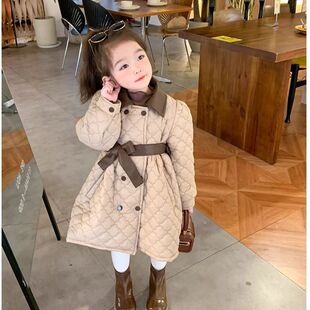 2025秋冬女童棉服PU皮夹棉加厚棉衣中长款外套双排扣蝴蝶结小香风