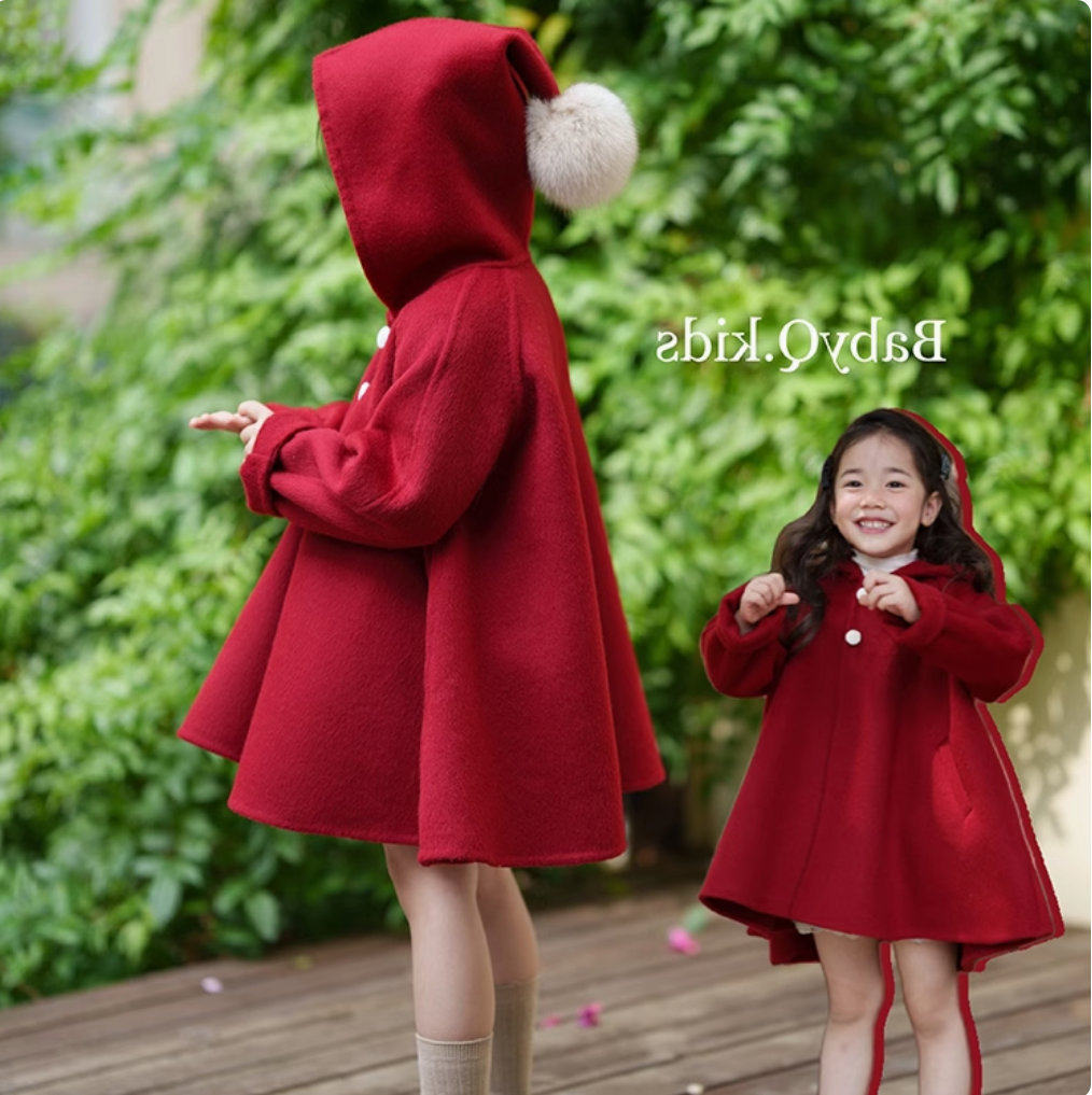 女童宽松红外套尖尖帽呢大衣加厚斗篷上衣新年圣诞装2025冬装新款,童装/婴儿装/亲子装,呢大衣,淘宝优惠券,粉丝福利购,淘宝优惠卷