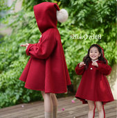 新款 女童宽松红外套尖尖帽呢大衣加厚斗篷上衣新年圣诞装 2025冬装