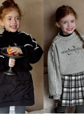 儿童装女童卫衣字母印花木耳边加绒加厚上衣25秋冬装新款外贸童装