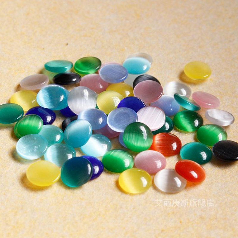 【混装100个】10mm猫眼石圆形戒面白黑色猫眼裸石圆形贴片镶嵌