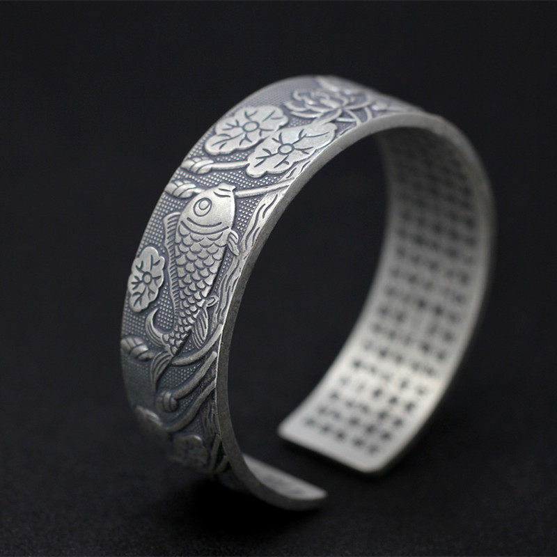 足银饰品哑光民族风女士波罗蜜心经莲花手镯。