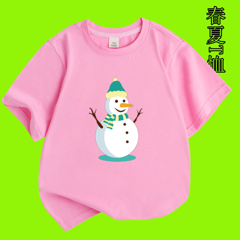 儿童圣诞节T恤雪人图短袖男童洋气纯棉上衣女童宝宝幼儿园表演服