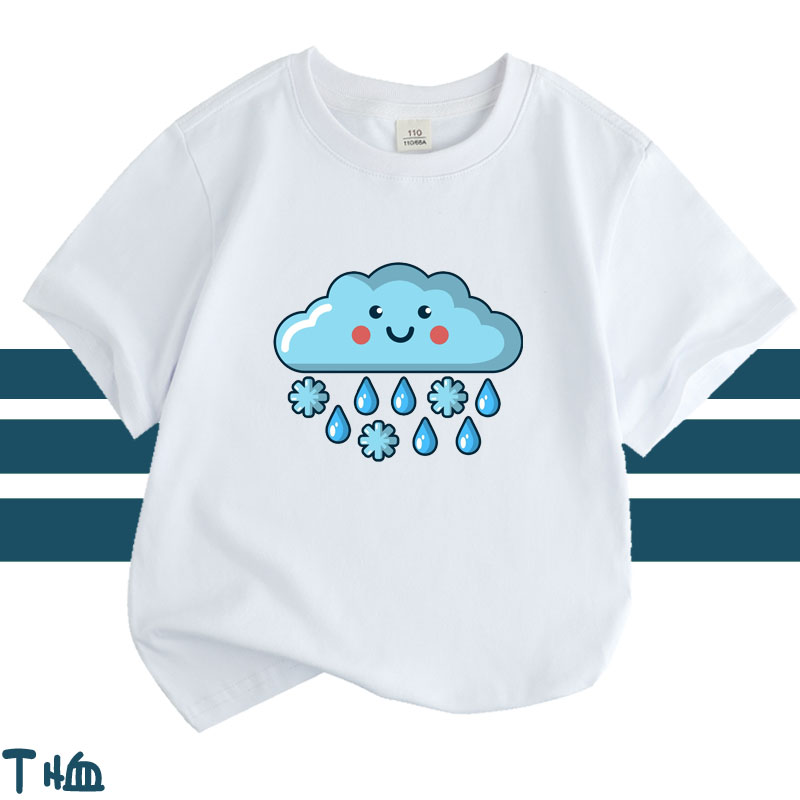 幼儿园纯棉气候天气标志标识大雨雨滴闪电白云短袖T恤衣服儿童装