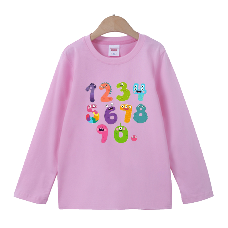 纯棉学生数学节阿拉伯数字元素123456789粉色长袖T恤衣服儿童装