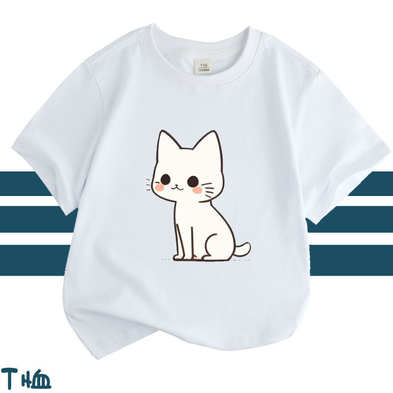 幼儿园女童短袖t恤2025新款纯棉夏季小女孩可爱猫咪白色儿童上衣
