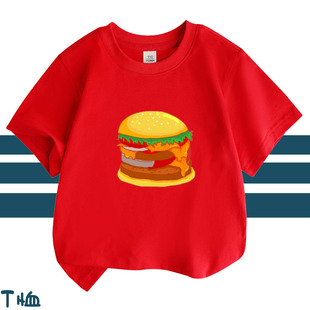 汉堡图案t恤儿童男女童绿色红色短袖纯棉夏季白色幼儿园服亲子潮
