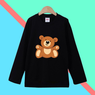 白色纯棉长袖男童秋季黑色t恤2025新款中大童卡通小熊图案女童装