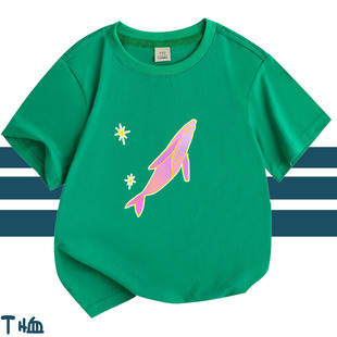 春夏季童装粉色短袖 卡通动物海豚图案纯棉男童女童宝宝上衣T恤