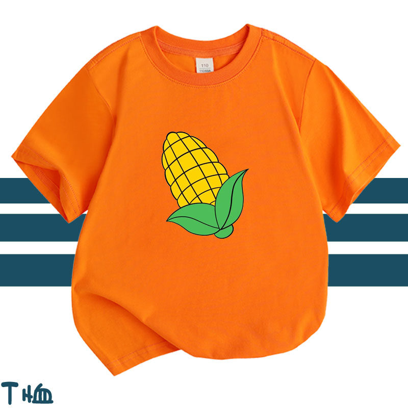 玉米蔬菜图案纯棉短袖儿童装男女孩表演服亲子装夏季T恤衫上衣服