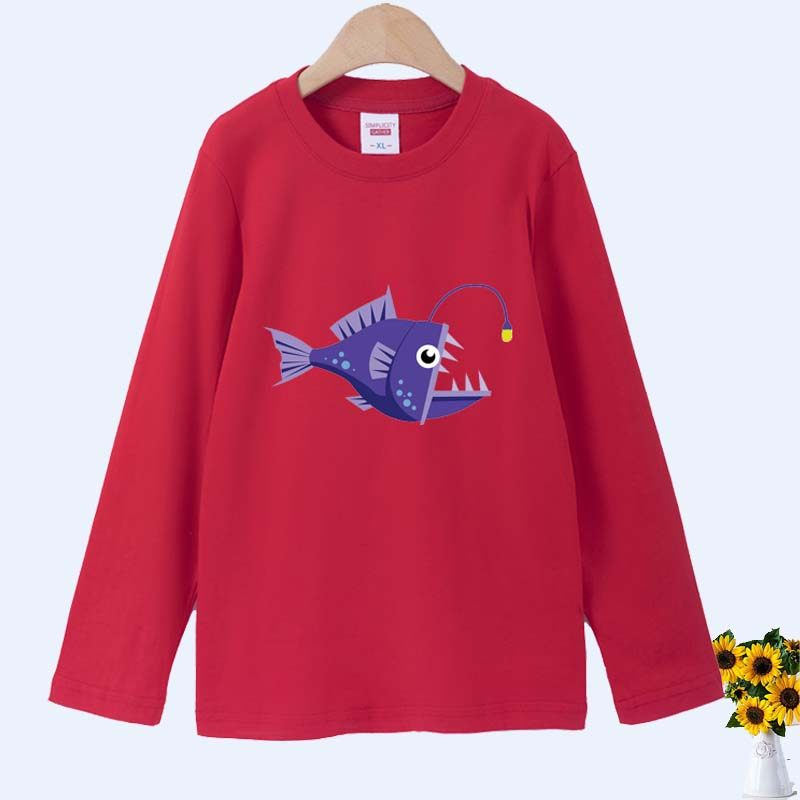 海洋动物灯笼鱼春秋春夏T恤衣服女儿童衣服男童女宝纯棉圆领长袖T