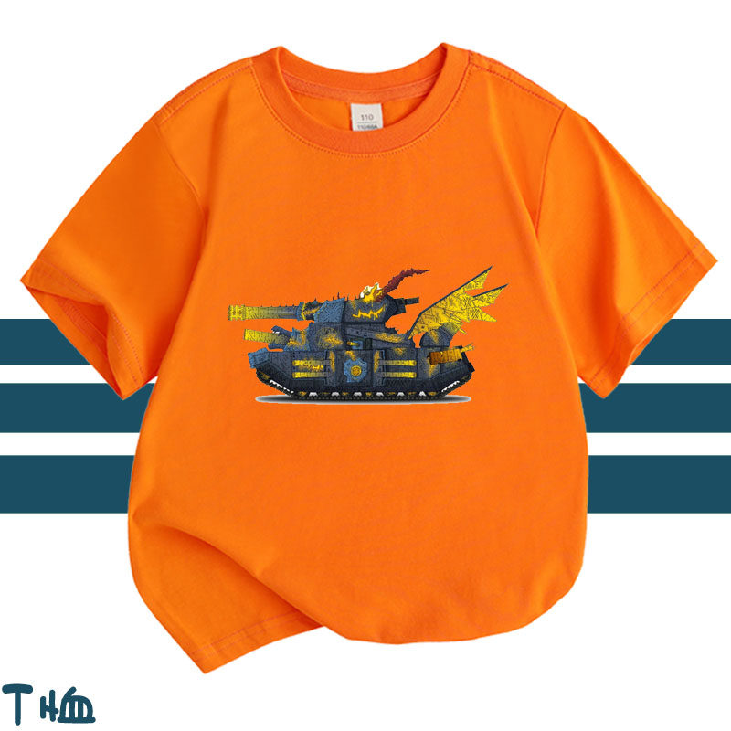 坦克卡通图案纯棉T恤衫男女孩儿童装夏季宝宝短袖亲子装上衣服6岁