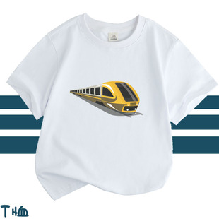 男女童装高铁动车新干线印花圆领白色短袖T恤 打底衫火车衣服飞机