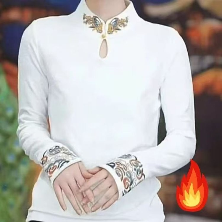 2025春秋新款新中式国风复古提花设计袖口加绒打底衫独特别致