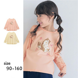 女童春秋棉质上衣 原单休闲可爱猫咪印花 圆领A字形裙式长袖T恤衫