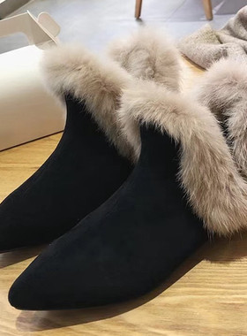 毛毛雪地靴冬季尖头短靴加绒保暖