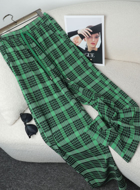 冰感面料显瘦薄款清新格纹裤子女春季墨绿色阔腿裤女直筒裤休闲裤