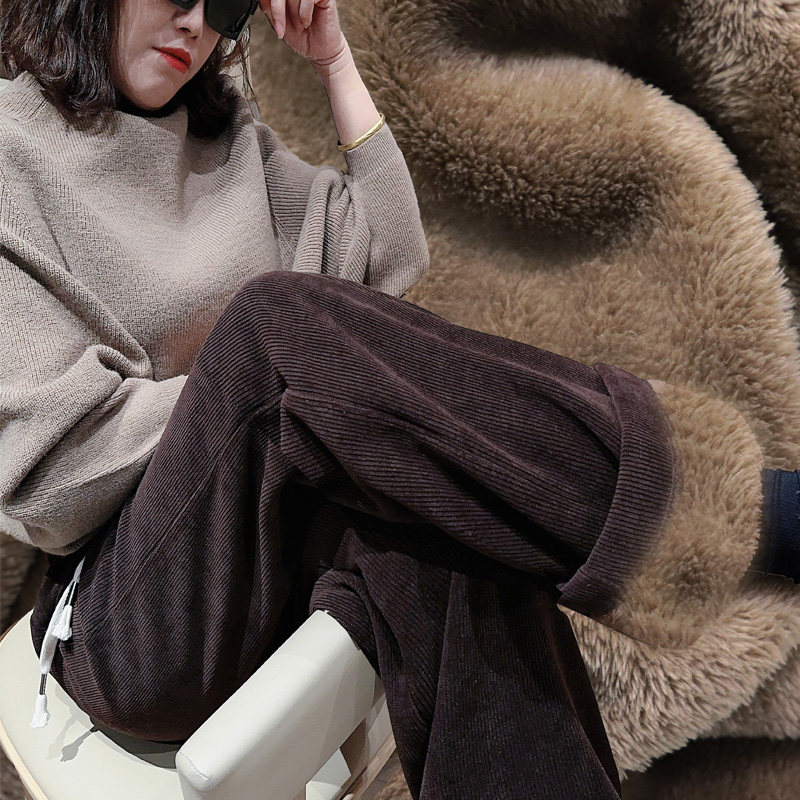保暖舒适咖啡色加绒裤子女秋冬新款灯芯绒阔腿裤女显瘦直筒休闲裤,女装/女士精品,休闲裤,淘宝优惠券,粉丝福利购,淘宝优惠卷