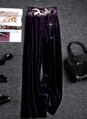 新中式深紫色绣花丝绒裤子女秋冬2025新款阔腿裤女高腰直筒休闲裤