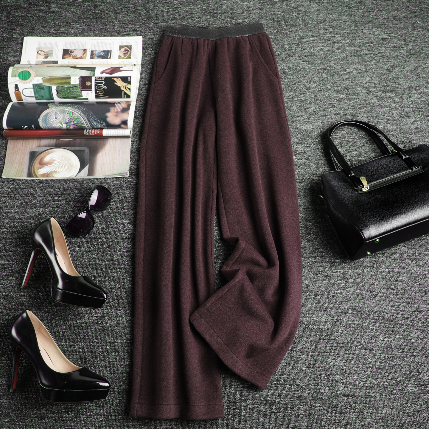 东方贵女绛紫色毛呢裤子女阔腿裤