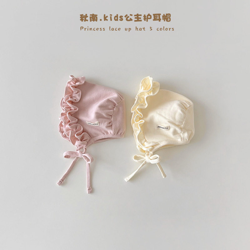 韩国婴儿帽子春秋新款字母标花边公主帽婴幼儿护耳宝宝胎帽
