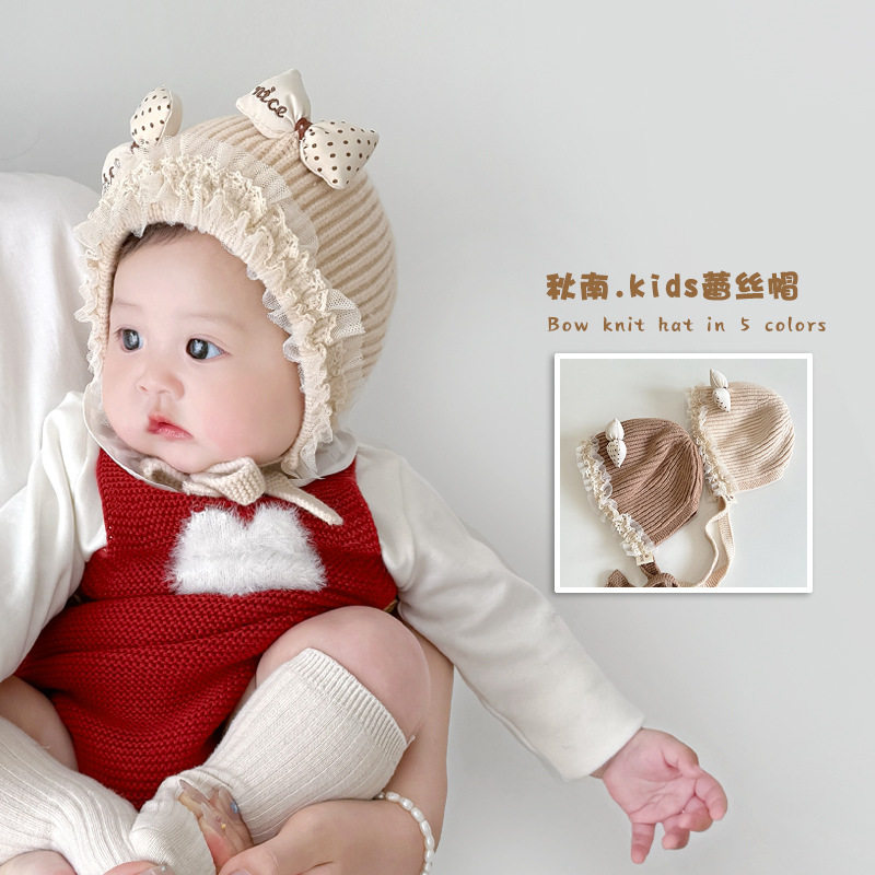 韩国婴儿帽子冬季甜美蝴蝶结蕾丝护耳帽保暖防风宝宝针织帽