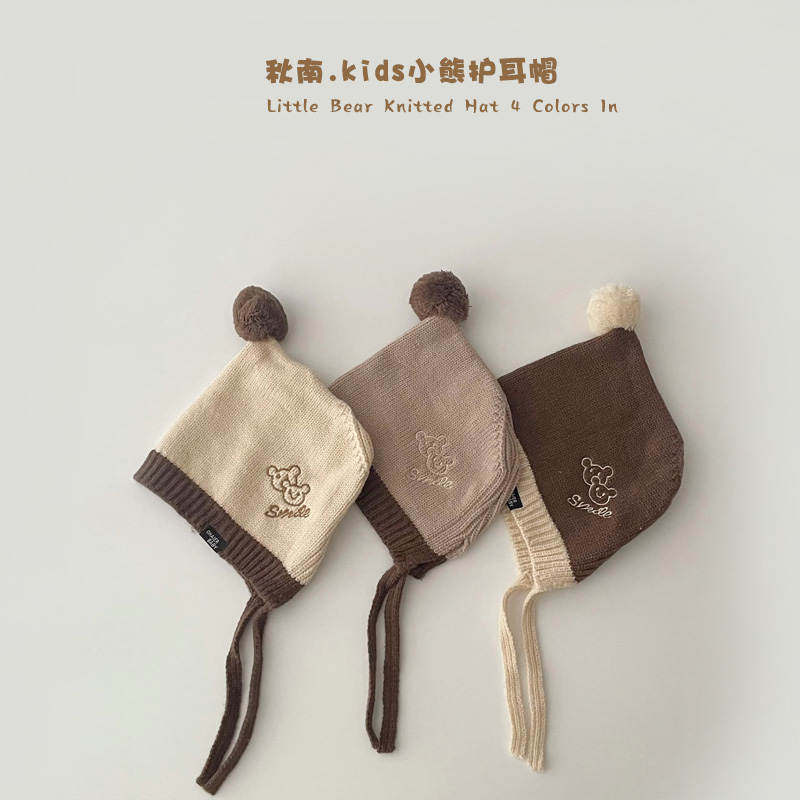 秋南 韩国婴儿帽子秋冬ins卡通小熊拼色宝宝护耳帽针织儿童毛线帽
