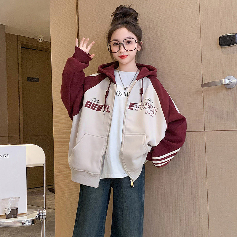女童深秋冬外套加绒连帽厚棒球服2024新款大童春秋学生针织夹克衫