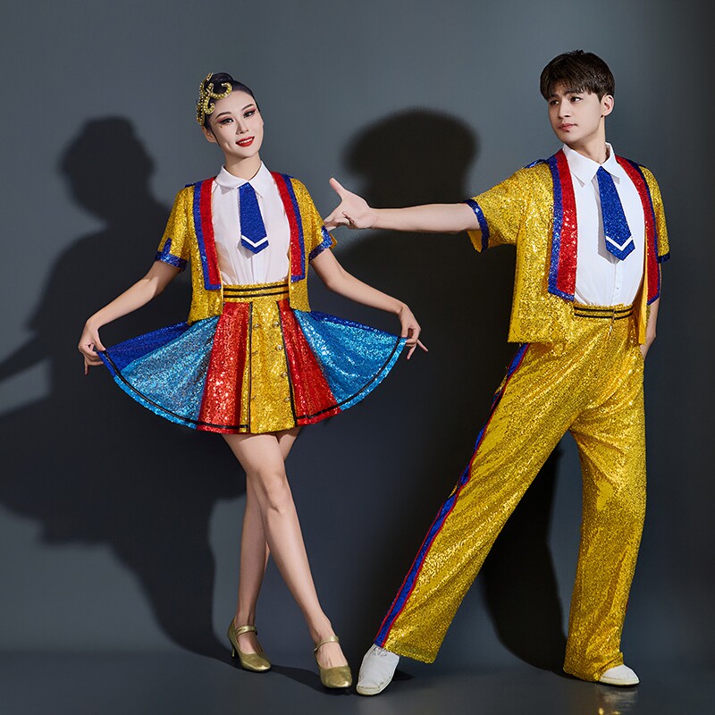青春年华现代舞时代少年同款表演服饰金色闪片西装套装演出服饰