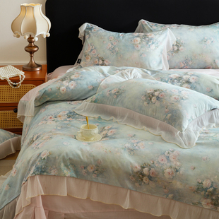 超级好看的高颜值韩系公主风莫奈花园蕾丝2026新款纯棉床品四件套