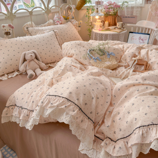 超级好看的A类全棉双层纱韩系公主风高颜值蕾丝母婴级床品四件套
