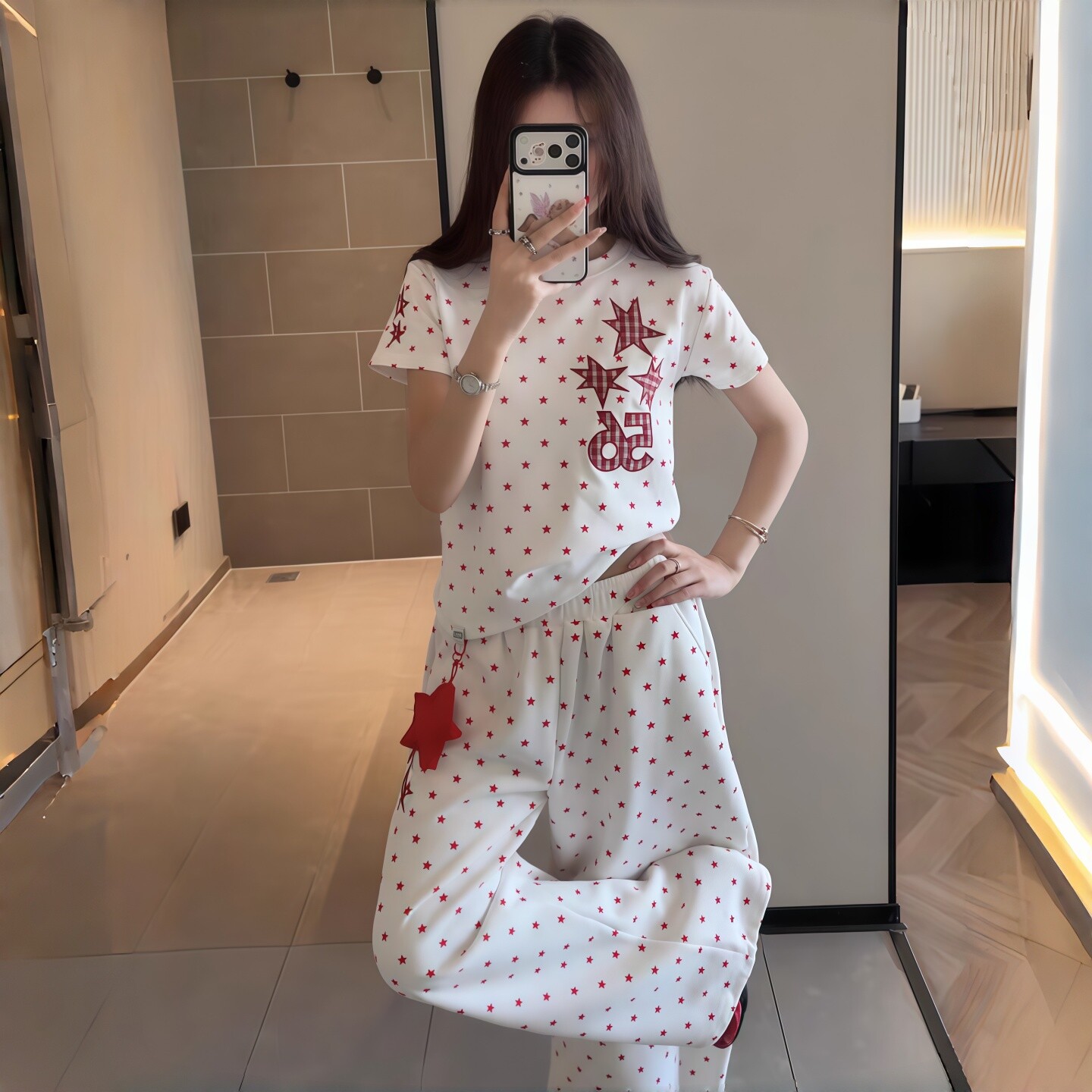 thumbnail for Summer Korean-style dopamine casual sports set, women's star-filled polka dot short-sleeve wide-leg pants, loose two-piece set