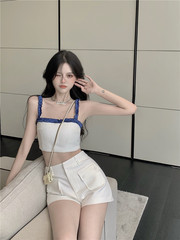 Real price real shot white small fragrant blue lace strap Vest + versatile pocket High Waist Shorts