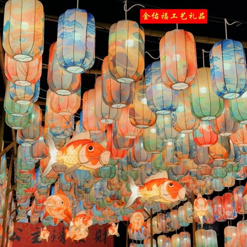 新中式定制灯笼冬瓜布艺吊灯户外景区婚礼装饰创意市集古风灯笼墙图片