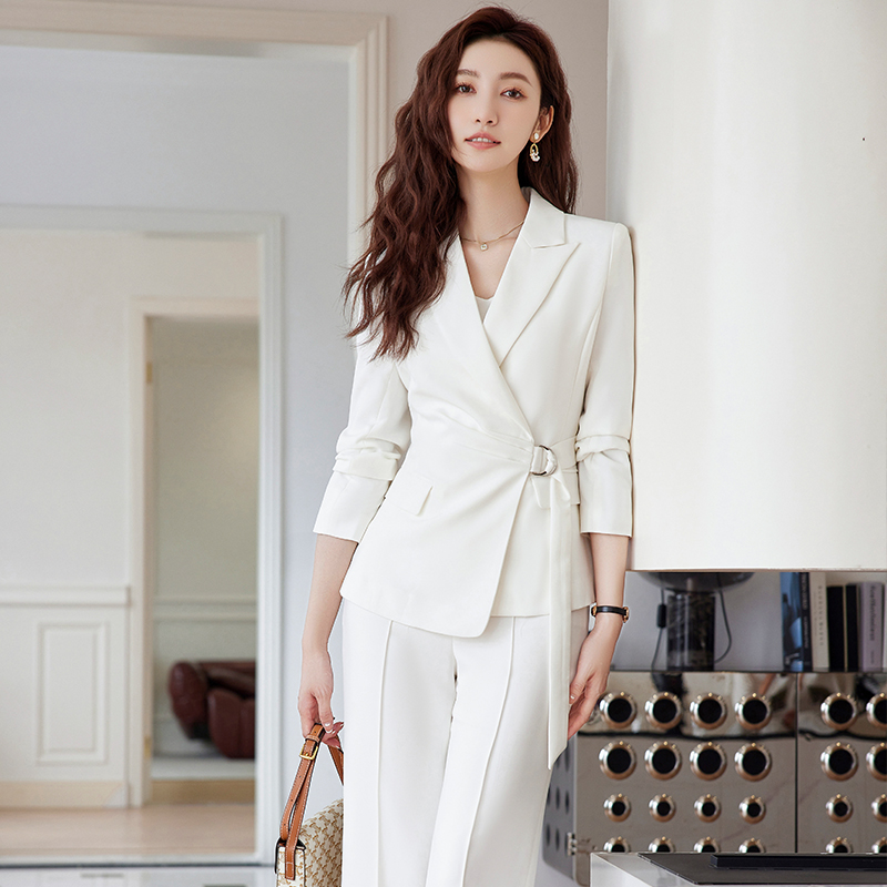 柒雁西装套装女职业白色气质女神范系带修身西服正装美容院工作服