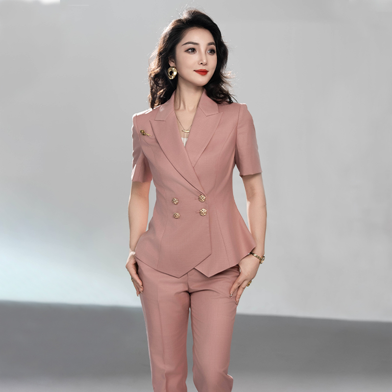 粉色西装外套女夏季时尚气质职业正装套装售楼部酒店OL西服工作服