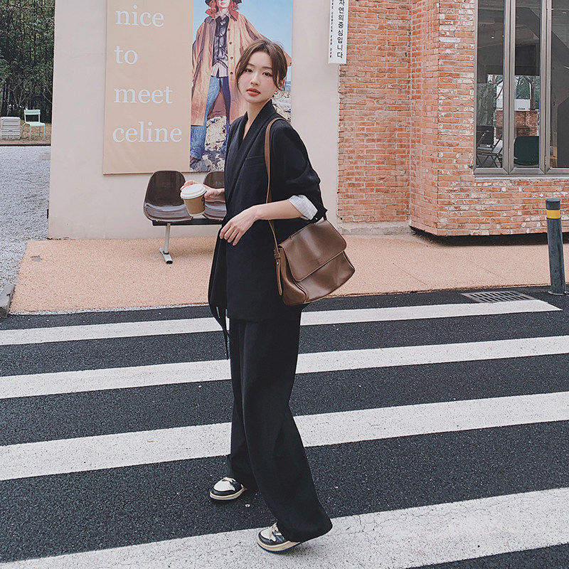 时尚宽松黑色西装套装女2025秋季新款高级感西服阔腿长裤两件套,女装西装,昱喆服饰