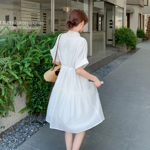白色韩版学院风减龄衬衫连衣裙女2025夏季新款优雅气质显瘦中长裙